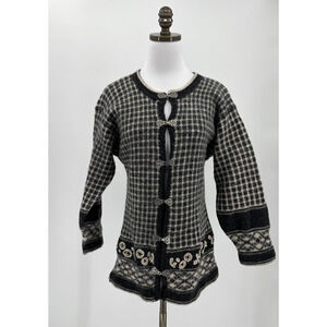 Vintage No Problem Womens Black Herringbone Shetland Wool Cardigan Sweater M/L